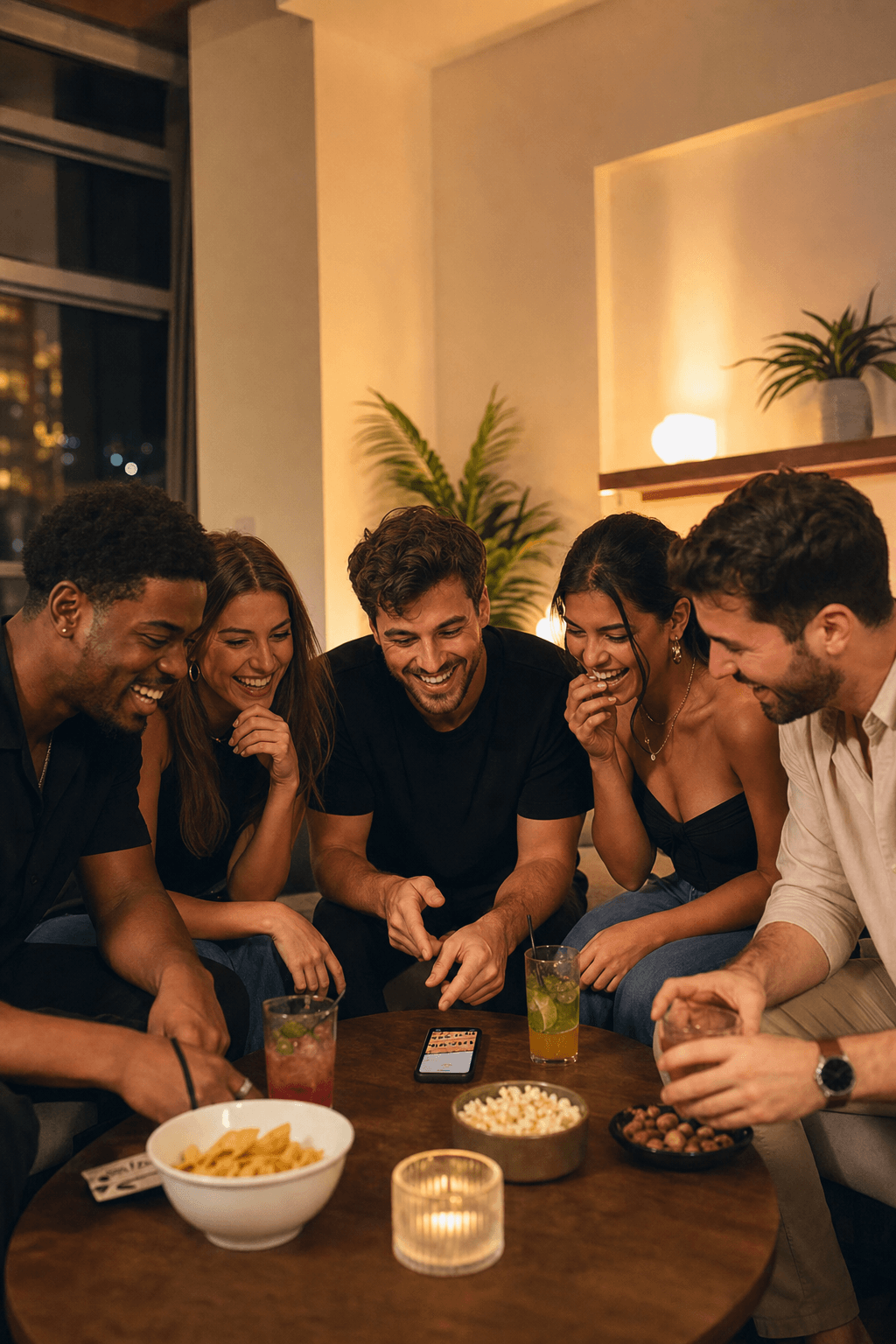 Friends laughing around a phone while playing Sip & Dare at a house party