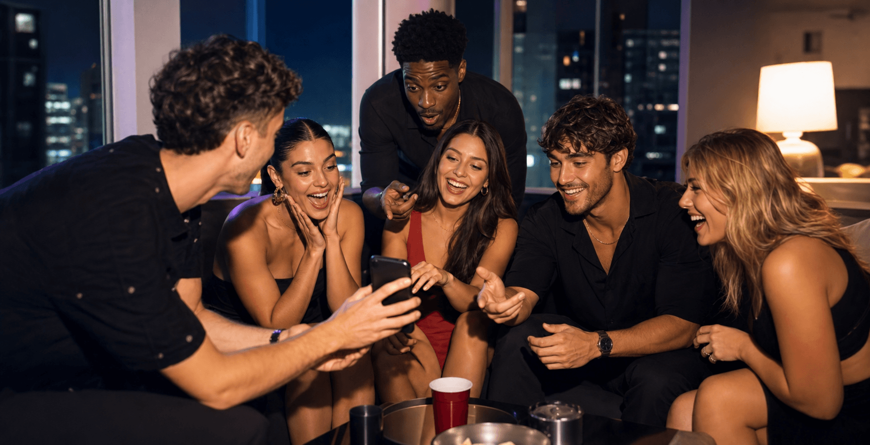 Amigos reagindo a um desafio no celular durante um esquenta
