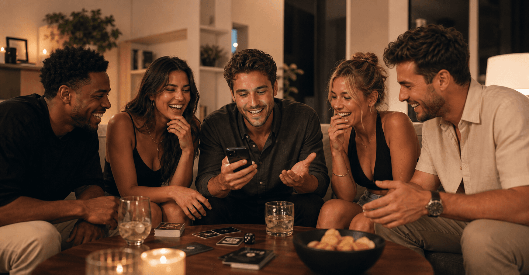 Adults using a phone to play a party challenge game around a table